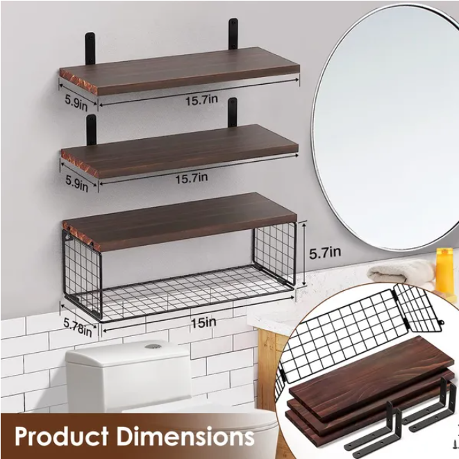 Shelf boards measuring 15.7 by 5.9 inches and basket measuring 15 by 5.78 by 5.7 inches