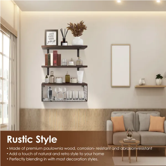 Rustic brown wall shelf set with a black wire basket arranged in a room