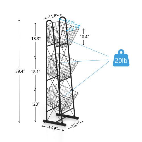 Black three-basket tower dimensions: 14.9 inches wide, 15.1 inches deep and 59.4 inches high